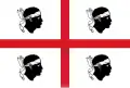 The flag of Sardinia, shows a Saint George's Cross on a white field, surrounded by four black heads, known as the Four Moors