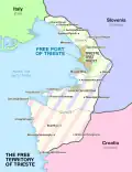 Map of the Free Territory of Trieste, showing its two administrative zones, one of which was later absorbed by each of its two neighbours (Slovenia and Croatia were both part of Yugoslavia at the time).
