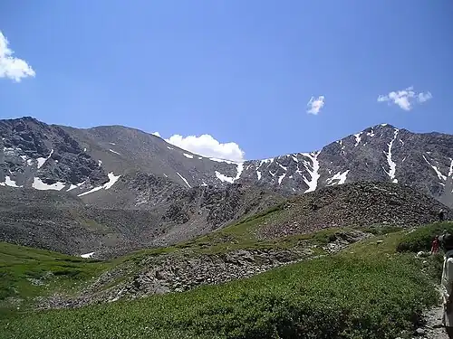 View of Grays Peak on left and Torreys Peak on right.