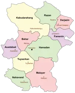 Location of Nahavand County in&nbsp;Hamadan&nbsp;province (bottom, green)
