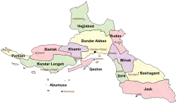 Location of Bandar Lengeh County in Hormozgan province (left, green)