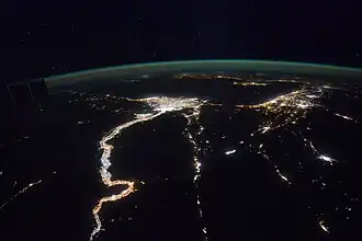Nile Delta and Nile River at night from space