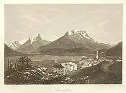 Samedan c. 1870 with the Bernina hotel (opened in 1865), one of the oldest hotels in the Engadin. Etching by Heinrich Müller