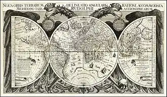 T.Landt van Eendracht on Noua Orbis Terrarum Delineatio Singulari Ratione Accommodata Meridiano Tabb. Rudolphi Astronomicarum composed in 1630