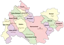 Location of Sarpol-e Zahab County in Kermanshah province (left, pink)