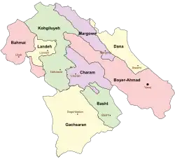Location of Landeh County in&nbsp;Kohgiluyeh and Boyer-Ahmad&nbsp;province (top&nbsp;left,&nbsp;yellow)