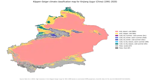 Köppen–Geiger climate classification map at 1-km resolution for Xinjiang Uygur Autonomous Region (China) for 1991–2020