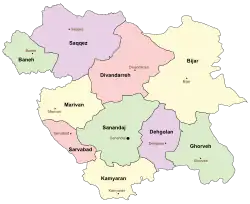 Location of Sarvabad County in&nbsp;Kurdistan&nbsp;province (center&nbsp;left,&nbsp;pink)