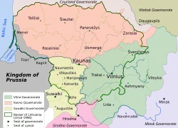 Map of Lithuania around 1867–1914, with visible Polish–Russian border (Lithuania did not exist at that time)