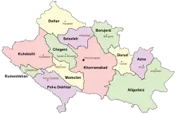 Location of Kuhdasht County in&nbsp;Lorestan&nbsp;province (left, pink)