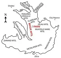 Map of the Padiș Plateau and surrounding area