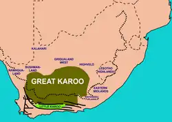 Extent of the Karoo (olive-green) and Klein Karoo (bright green) in South Africa, with the names of surrounding areas in blue. The thick interrupted line indicates the course of the Great Escarpment which delimits the Central South African Plateau. To the immediate south and south-west the solid lines trace the parallel ranges of the Cape Fold Belt.