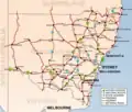 New South Wales showing highways connecting towns and major centres.