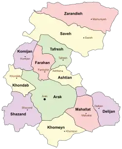 Location of Komijan County in&nbsp;Markazi&nbsp;province (center left, purple)