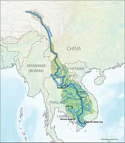 The Mekong is a trans-boundary river, originating in the Tibetan Plateau. Its upper tributary river systems (e.g. ngom chu&nbsp;[zh]) are restricted to narrow gorges, but the tributaries that feed its lower reaches (e.g. the Mun River) cover larger areas.