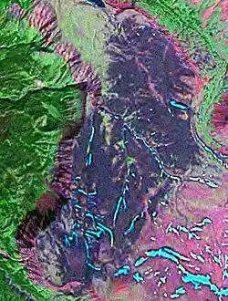 False colour image of air-fall tephra on the Kitsu Plateau from The Ash Pit which is the circular depression at bottom left centre