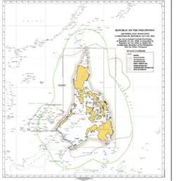 Map prepared by the NAMRIA, with the green line showing the maximum extent of the EEZ (ignoring landmass of neighboring countries) and the theoretical EEZ based on median line in purple.