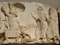 Dynast Arbinas, in Persian dress, receiving emissaries. Scene from the upper podium frieze of the Nereid Monument, c. 380 BC.