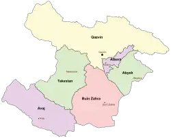 Location of Takestan County in Qazvin province (left, green)