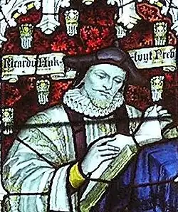 Hakluyt depicted in stained glass in the west window of the south transept of Bristol Cathedral&nbsp;– Charles Eamer Kempe, c. 1905