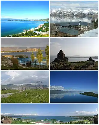 From top left:Sevan landscape&nbsp;• Vaskenian Theological AcademySevan peninsula&nbsp;• Sevan MonasterySevan skyline&nbsp;• Lake SevanPanoramic view of Sevan beach