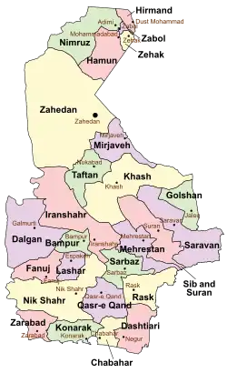 Location of Fanuj County in&nbsp;Sistan&nbsp;and&nbsp;Baluchestan province (center&nbsp;left,&nbsp;pink)