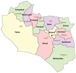 Location of Ferdows County in&nbsp;South&nbsp;Khorasan&nbsp;province (top,&nbsp;pink)