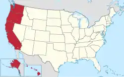 Location of the West Coast (red)in the United States (tan) as defined by the Census Bureau