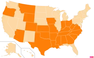 States in the United States by Evangelical Protestant population according to the Pew Research Center 2014 Religious Landscape Survey. States with Evangelical Protestant populations greater than the United States as a whole are in full orange.
