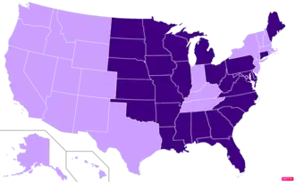 States in the United States by Mainline or Black Protestant population according to the Pew Research Center 2014 Religious Landscape Survey. States with Mainline or Black Protestant population greater than the United States as a whole are in full purple.
