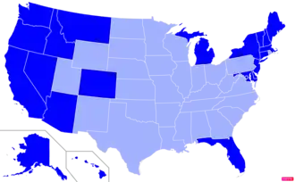 States in the United States by non-Christian (e.g. Non-religious, Jewish, Muslim, Hindu, Buddhist) population according to the Pew Research Center 2014 Religious Landscape Survey. States with non-Christian populations greater than the United States as a whole are in full blue.