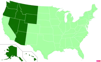 States in the United States by non-Protestant and non-Catholic Christian (e.g. Mormon, Jehovah's Witness, Eastern Orthodox) population according to the Pew Research Center 2014 Religious Landscape Survey. States with non-Catholic/non-Protestant Christian population greater than the United States as a whole are in full green.