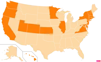 States in the United States by the percentage of the over 25-year-old population with bachelor's degrees according to the U.S. Census Bureau American Community Survey 2013–2017 5-Year Estimates. States with higher percentages of bachelor's degrees than the United States as a whole are in full orange.