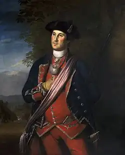 Painting of George Washington, by Charles Wilson Peale, standing in a formal pose, in a colonel's uniform, right hand inserted in shirt.