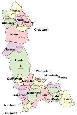 Location of Shahin Dezh County in&nbsp;West&nbsp;Azerbaijan&nbsp;province (bottom&nbsp;right,&nbsp;green)