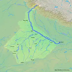 The Yamuna is the second-largest tributary river of the Ganges and the longest tributary in India. It flows almost parallel to the Ganges about its right bank for 1,376 kilometres (855&nbsp;mi) before merging with it at the Triveni Sangam, Allahabad.