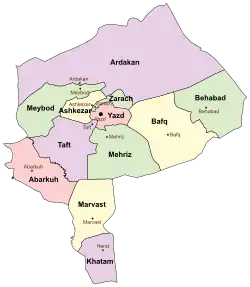 Location of Yazd County in&nbsp;Yazd&nbsp;province (center,&nbsp;pink)
