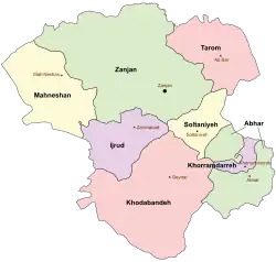 Location of Tarom County in Zanjan province (top, pink)