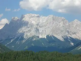 Zugspitze Massif including Schneefernerkopf (centre left, 2,874 m or 9,429 ft)
