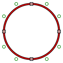Four-segment cubic polybézier (red) approximating a circle (black) with control points
