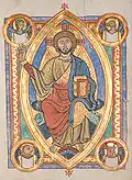 Christ in Majesty within a mandorla-shaped aureola in a medieval illuminated manuscript