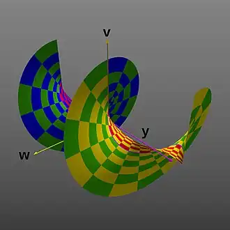 Projection into the                         y                 {\displaystyle y}    ,                         v                 {\displaystyle v}    , and                         w                 {\displaystyle w}     dimensions, producing a spiral shape. (                        y                 {\displaystyle y}     range extended to ±2π, again as  2-D perspective image).