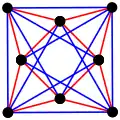 3{3}3, or , with 8 vertices in black, and 8 3-edges colored in 2 sets of 3-edges in red and blue