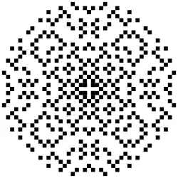 "A set of dots lying within a circle. The pattern of dots has fourfold symmetry, i.e., rotations by 90 degrees leave the pattern unchanged. The pattern can also be mirrored about four lines passing through the center of the circle: the vertical and horizontal axes, and the two diagonal lines at ±45 degrees."