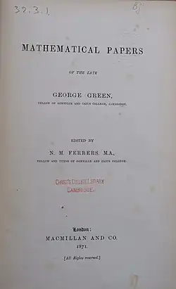 Title page of a 1871 copy of the "Mathematical Papers of the Late George Green," which was edited by Ferrers