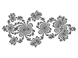 Julia set drawn by distance estimation, the iteration is of the form ⁠
  
    
      
        1
        −
        
          z
          
            2
          
        
        +
        
          z
          
            5
          
        
        
          /
        
        (
        2
        +
        4
        z
        )
        +
        c
      
    
    {\displaystyle 1-z^{2}+z^{5}/(2+4z)+c}
  
⁠