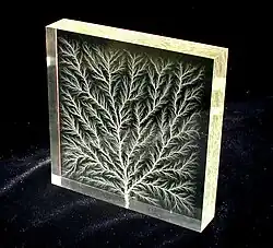High-voltage breakdown within a 4&nbsp;in (100&nbsp;mm) block of acrylic glass creates a fractal Lichtenberg figure