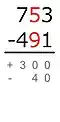 The smaller number is subtracted from the greater:90 − 50 = 40Because the minuend is smaller than the subtrahend, this difference has a minus sign.