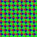 One of the colorings of the snub square tiling; the glide reflection lines are in the direction upper left / lower right; ignoring colors there is much more symmetry than just pg, then it is p4g (see there for this image with equally colored triangles)