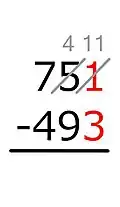 1 − 3 = not possible.We add a 10 to the 1. Because the 10 is "borrowed" from the nearby 5, the 5 is lowered by 1.